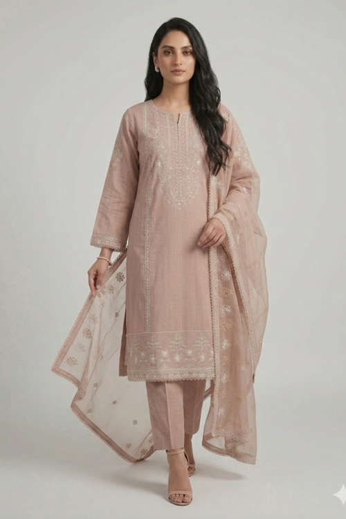 Rose Beige STITCHED 3PC EMBROIDERED LAWN SUIT