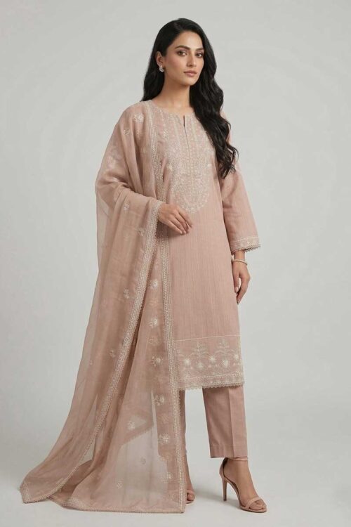 Rose Beige STITCHED 3PC EMBROIDERED LAWN SUIT