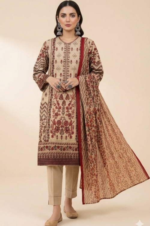 Peach Beige UNSTITCHED 3PC EMBROIDERED LAWN SUIT