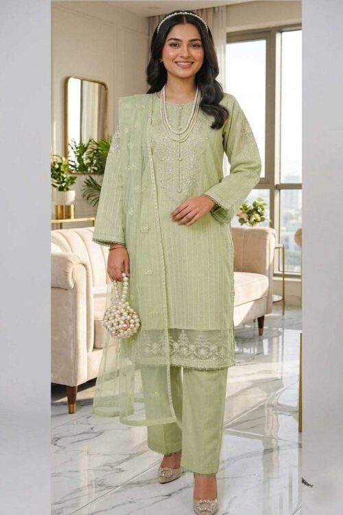 Olive Mist STITCHED 3PC EMBROIDERED LAWN SUIT