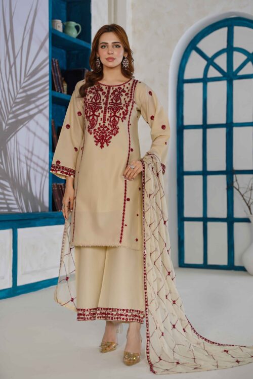 Creamy Garnet STITCHED 3PC EMBROIDERED LUXURY LAWN SUIT