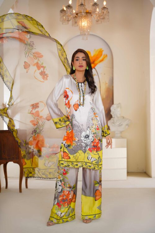 Printed shamoz silk with Apple silk Dupata