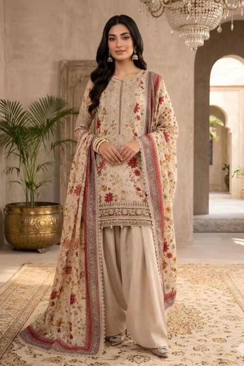 FLORAL IVORY 3PC EMBROIDERED LAWN SUIT