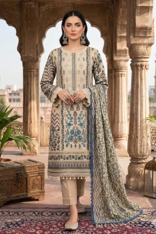 Apricot Beige UNSTITCHED 3PC EMBROIDERED LAWN SUIT