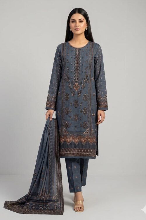 Slate Gray UNSTITCHED 3PC EMBROIDERED LAWN SUIT