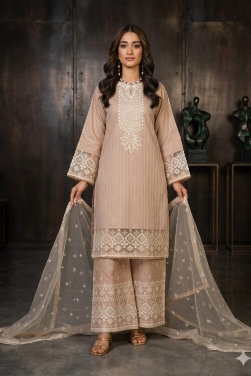 Rose Taupe STITCHED 3PC EMBROIDERED LAWN SUIT
