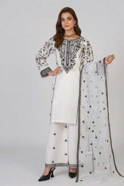 White STITCHED 3PC EMBROIDERED LAWN SUIT