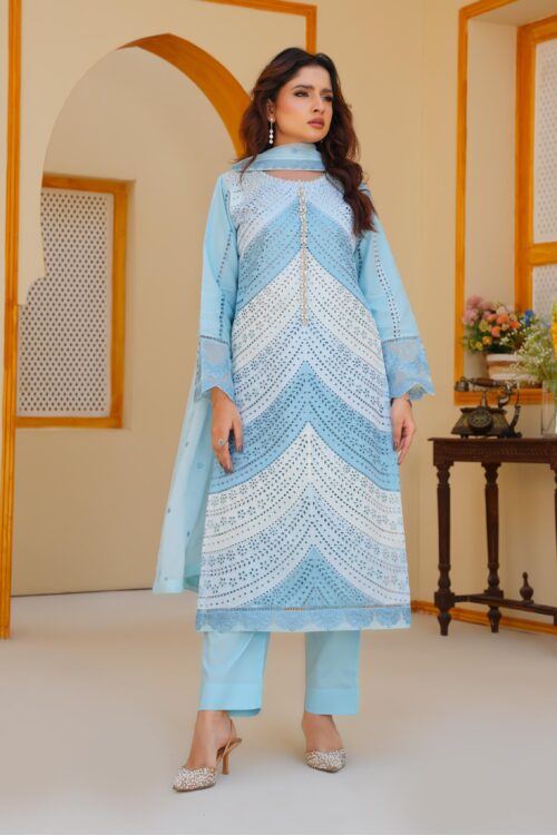 Pastelblue Embroidered luxury 3piece stitched lawn suit