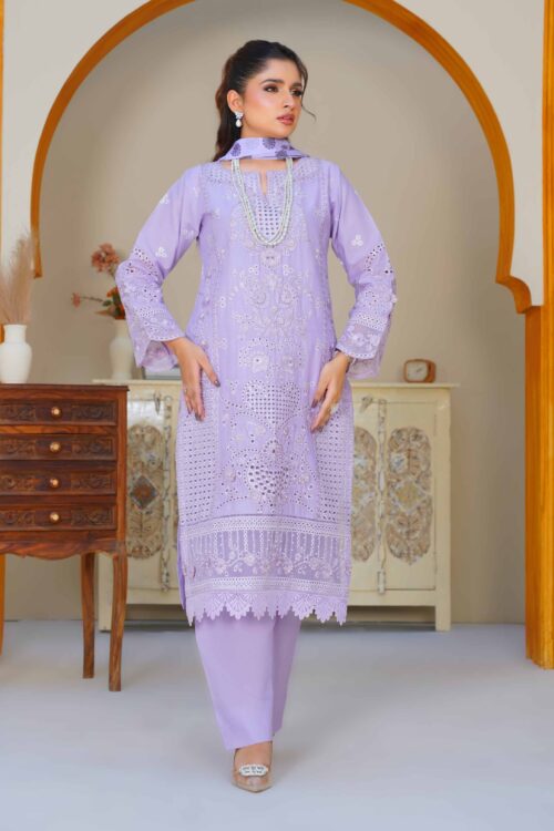 Lavender Schiffli 3piece stitched lawn suit