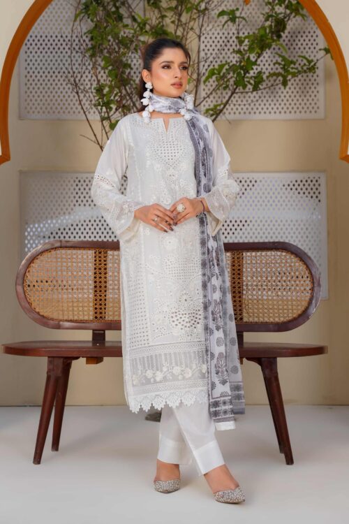 White Schiffli 3piece stitched lawn suit