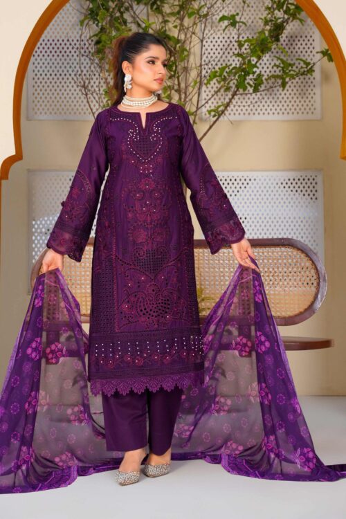 Midnight plum Schiffli 3p stitched lawn suit