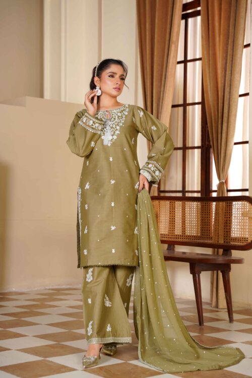 Olive Green STITCHED 3PC EMBROIDERED LAWN SUIT