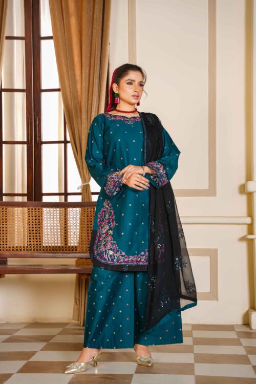 Peacock blue STITCHED 3PC EMBROIDERED LAWN SUIT